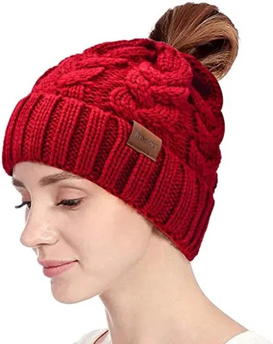 Miniatura 3 de Rosoz Gorro de cola de caballo para mujer, gorro cálido de invierno, suave, elástico, de punto trenzado, para moño alto