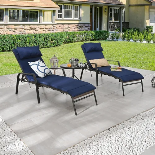 Miniatura 7 de LOKATSE HOME - Juego de camastros ajustables con mesa plegable, con cojines de color azul oscuro, para patio o exteriores (juego de 3 piezas)