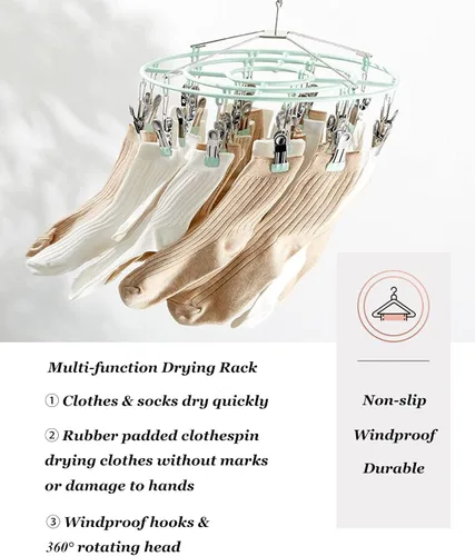 Miniatura 3 de Estante de secado de calcetines de ropa de acero inoxidable con 24 clips, gancho giratorio a prueba de viento para calcetines, brasieres, toallas