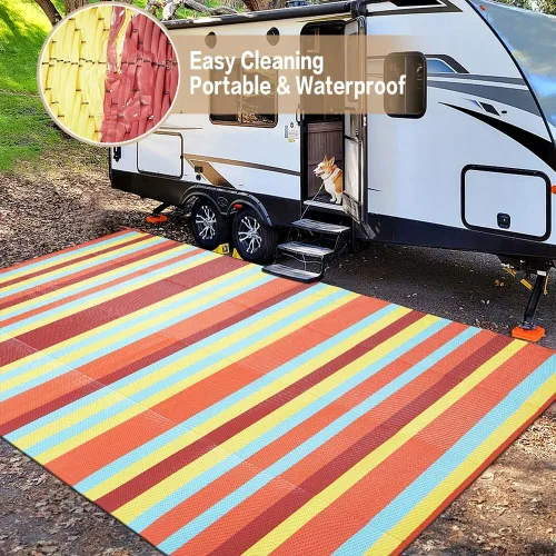 Miniatura 5 de HUGEAR Alfombra Impermeable para Exteriores 5'x8' Alfombras de Paja de Plástico Lavable Reversible Tapete de Piso a Rayas Arcoíris para Camping