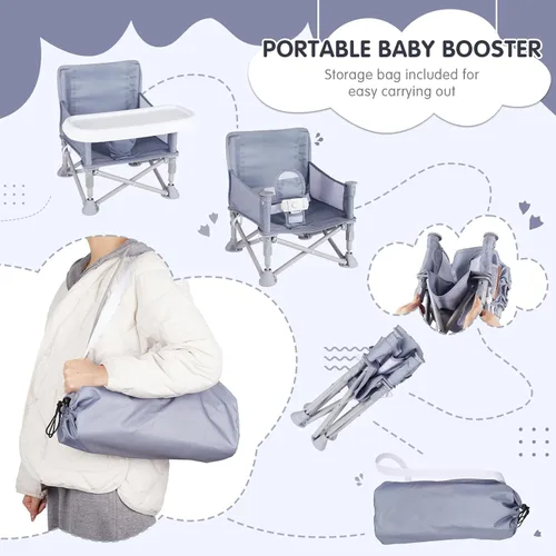 Miniatura 3 de Silla de bebé portátil, asiento elevador plegable con bandeja para mesa de comedor, silla de camping compacta para césped, playa, viajes, bebés de 6