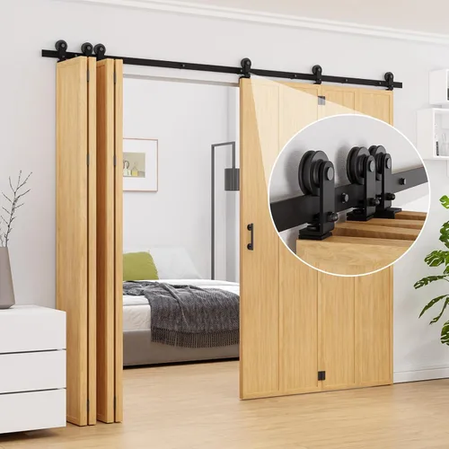 Kit de rieles de puerta de granero biplegable de 96 pulgadas adecuado para 8 paneles de puerta, nuevo estilo acordeón, resistente y suave, fácil de