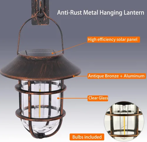 Miniatura 7 de Farol solar colgante para exteriores, luces solares impermeables de metal para exteriores con vidrio transparente, linterna de pared de aluminio