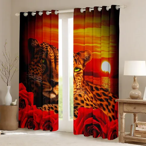 Miniatura 2 de Erosebridal Cortinas de Rosas Rojas 3D Tratamientos para Ventanas de Guepardo, Paneles de Cortinas con Estampado de Gato Leopardo para Sala