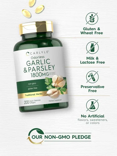 Miniatura 5 de Carlyle Suplemento de ajo y perejil inodoro 200 cápsulas blandas Fórmula sin OMG y sin gluten