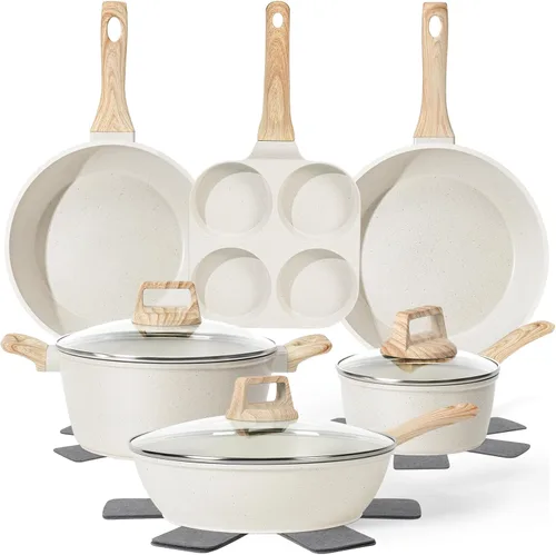 Juego de 13 ollas y sartenes, utensilios de cocina antiadherentes, utensilios de cocina de inducción de granito blanco, no tóxico, saludable,