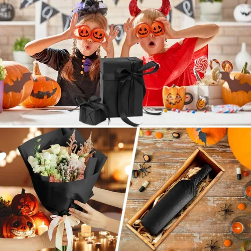 Miniatura 4 de CHRORINE Papel de seda negro - 60 hojas para Halloween, cumpleaños, vacaciones y envoltura de regalos para fiestas (20 x 14.5 pulgadas)