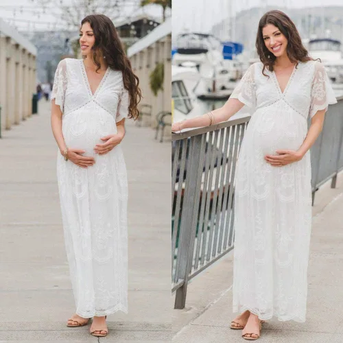 Miniatura 2 de Vestido largo de maternidad casual con cuello en V de manga corta floral con encaje acampanado y bohemio para la noche cóctel fiesta sesión de fotos