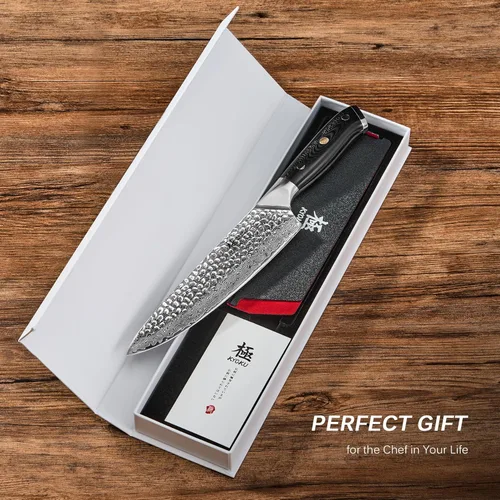 Miniatura 7 de Cuchillo de chef KYOKU - 8" - Cuchillo de cocina estilo japonés de la serie Shogun, hoja de Damasco martillada con núcleo de acero VG10 - con funda