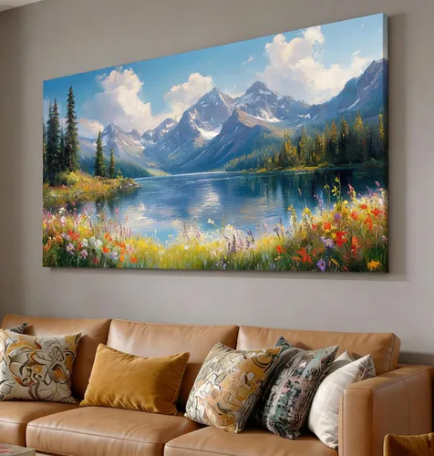 Inzlove Large Canvas Wall Art 48" L x 24" W - Snow Mountain Lake Landscape Painting, Meadow Wildflowers Art Print, Rustic Farmhouse Decor for Living