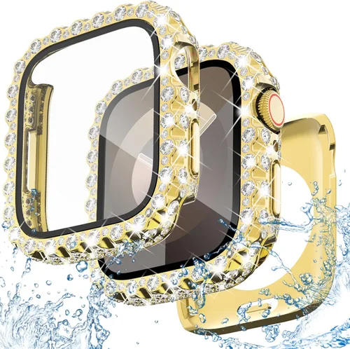 NewWays Funda impermeable 2 en 1 de 1.772 pulgadas para Apple Watch Series 9, 8, 7, encaje completo con diamantes de imitación y purpurina para Oro