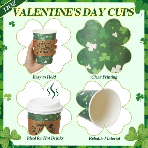 Miniatura 4 de Layhit Juego de 100 tazas de café desechables para el día de San Patricio con tapas y mangas, pajitas de 12 onzas con trébol verde para bebidas