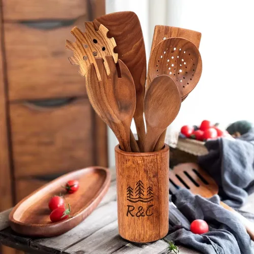 Miniatura 9 de R&C Juego de utensilios de cocina de madera, 9 piezas, herramientas de cocina de teca con soporte y ganchos, antiadherentes, resistentes al calor