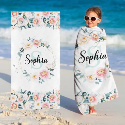 Miniatura 10 de Toallas de playa personalizadas para bebé niña con nombre para niños y adultos, toalla de baño de algodón con flores de acuarela personalizadas