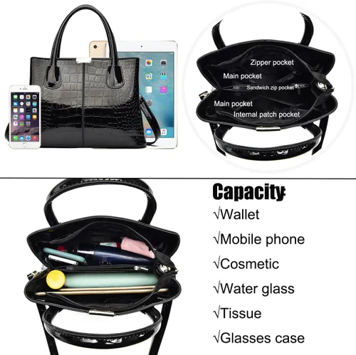 Miniatura 5 de XingChen Bolso de mano y bolso para mujer, de charol, diseño de cocodrilo, con asa superior, cartera