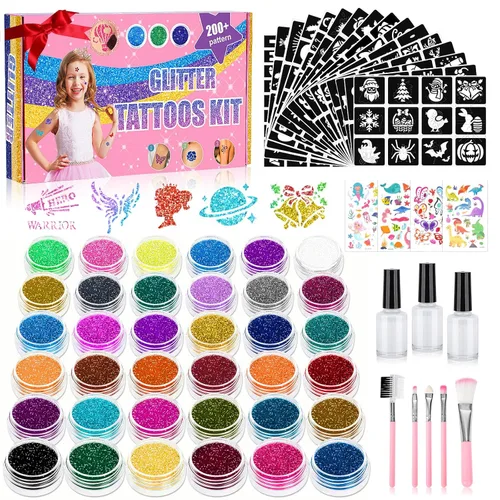 Kit de tatuaje temporal con purpurina para niños, 220 plantillas, más de 70 calcomanías para niños, 36 colores de purpurina, 3 pegamento, 5
