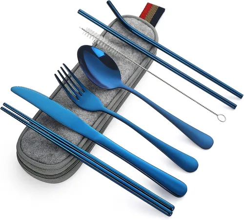 Miniatura 13 de DEVICO Utensilios portátiles, juego de cubiertos de viaje y campamento, 8 piezas, incluyendo cuchillo, tenedor, cuchara, palillos, cepillo