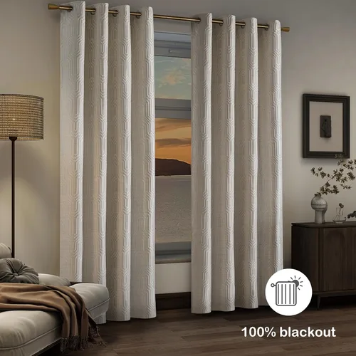 Miniatura 3 de Cortinas de patrón geométrico jacquard 100% opacas beige y plateado, 2 paneles de 52 pulgadas de ancho y 63 pulgadas de largo, con aislamiento