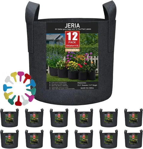 JERIA - Paquete de 12 bolsas de 30 galones para cultivar vegetales, flores/plantas, macetas de tela con aireación y asas (negras), con 12 etiquetas
