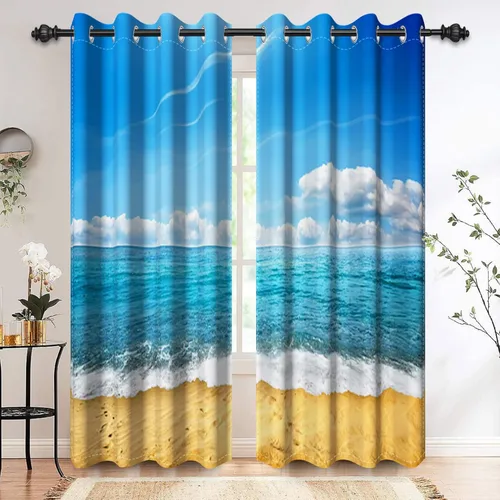 Miniatura 19 de Renaiss Cortinas opacas con diseño de mar tropical, nublado, cielo azul y verde azulado, estrella de mar transparente en playa arenosa, sala
