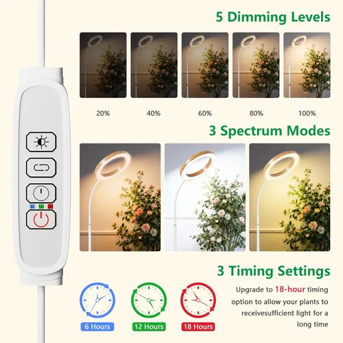 Miniatura 5 de SDOVUERC Luz de crecimiento de espectro completo con soporte para plantas de interior, luz de plantas de suelo, temporizador de 6/12/18H, 3 modos