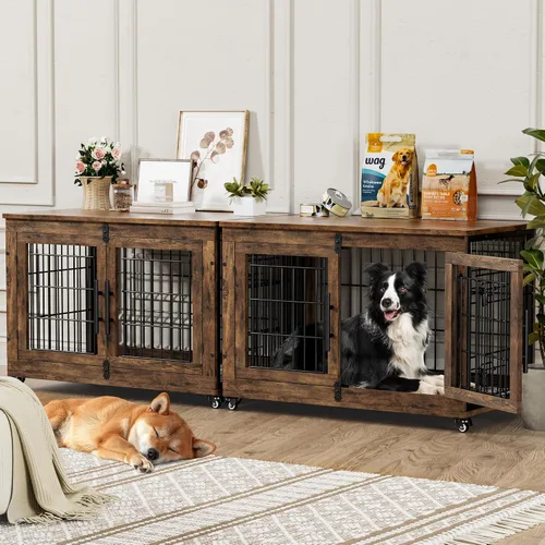Miniatura 16 de YaFiti Mueble de jaula para perros con cojín, perrera de madera para interiores con puertas dobles, jaula para perros con ruedas, mesa auxiliar