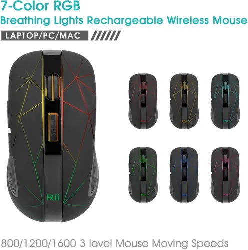 Miniatura 2 de Rii Ratón inalámbrico RM200 2.4G con receptor nano USB, mouse recargable de 5 botones, mouse RGB retroiluminado colorido para juegos para portátil