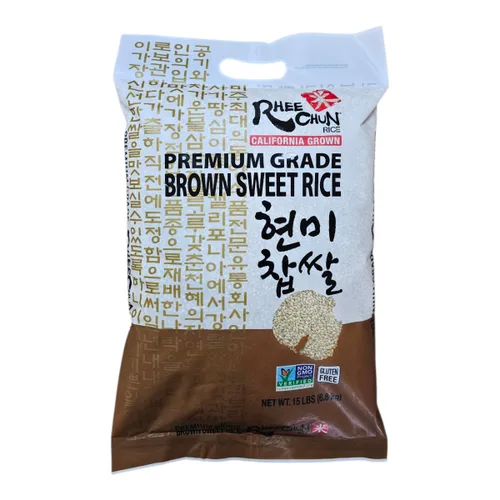 Rhee Chun Arroz dulce integral, sin gluten, verificado sin OMG, cultivado en California, grado premium, 15 libras. Bolsa