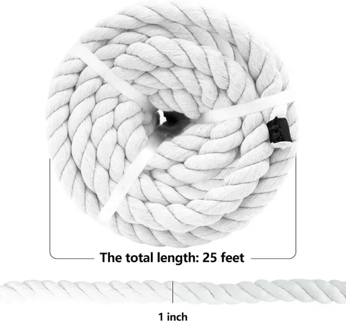 Miniatura 2 de VEIZEED - Cuerda de algodón natural de 1 pulgada x 25 pies, cuerda de algodón blanco para colgar columpios, decoración de manualidades náuticas