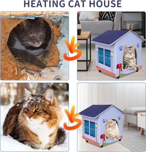 Miniatura 7 de Casas para gatos con calefacción para gatos de interior/exterior con cama para gatos elevada y resistente al agua, proporcionando un refugio seguro
