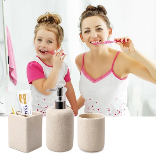 Miniatura 4 de Juego de baño de resina de 6 piezas color beige completo con soporte para cepillos de dientes, dispensador de jabón de loción, 2 dispensadores
