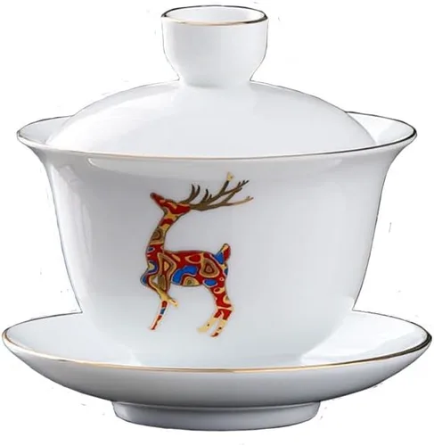 Miniatura 9 de Liang baobao Gaiwan - Taza de té de porcelana de 8 onzas, color blanco esmaltado con borde dorado, sopera china de gongfu, taza de té de gongfu