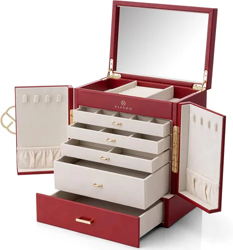 Vlando Joyero y organizador, organizador de joyas de piel sintética para mujeres y niñas, 6 capas de espejo, caja de almacenamiento con 5 aretes,