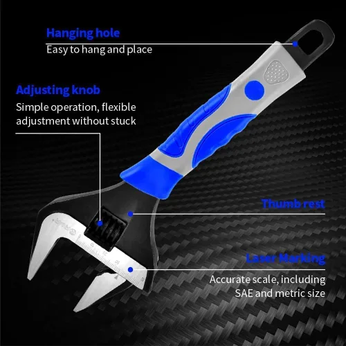 Miniatura 2 de Llave ajustable de mandíbula de 8 pulgadas de ancho, llave de media luna de boca ancha para plomería y tareas de bricolaje, escala métrica doble