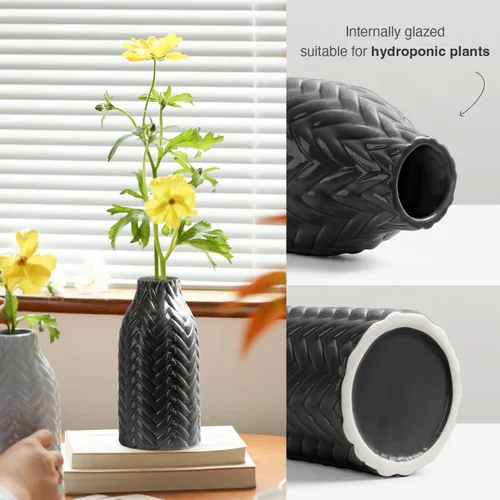 Miniatura 4 de STHIE Jarrón de cerámica en relieve negro, jarrón decorativo de 8 pulgadas para decoración del hogar, jarrón hermético para flores frescas o secas