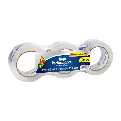 Duck Recambios de cinta de embalaje transparente de alto rendimiento, 3 rollos de cinta de embalaje fuerte HP260 para envío, mudanza, correo y cajas