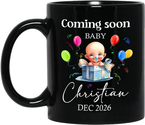 Miniatura 16 de Baby Coming Soon - Taza de café negra de 11 onzas y 15 onzas, taza de café personalizada para papá con nombre, taza de café de cerámica con anuncio