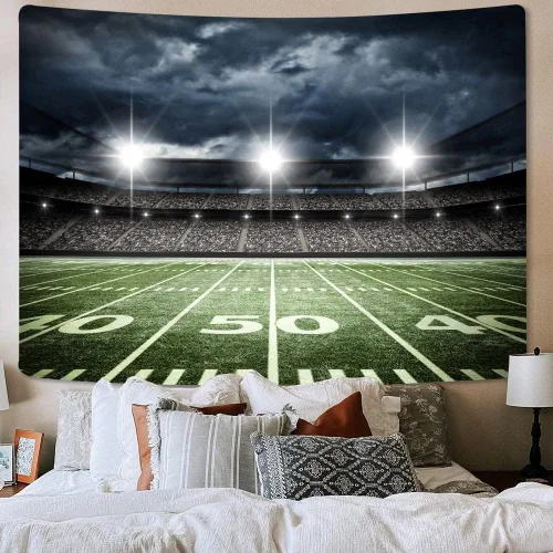 Miniatura 2 de Tapiz de estadio de fútbol americano, luz de campo deportivo, césped nocturno, para niños, césped verde, negro oscuro, moderno, simple, impreso
