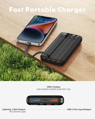 Miniatura 8 de Charmast - Cargador portátil de 20000 mAh con cables incorporados, banco de energía de 22.5W para viajes, cargador rápido, paquete de batería