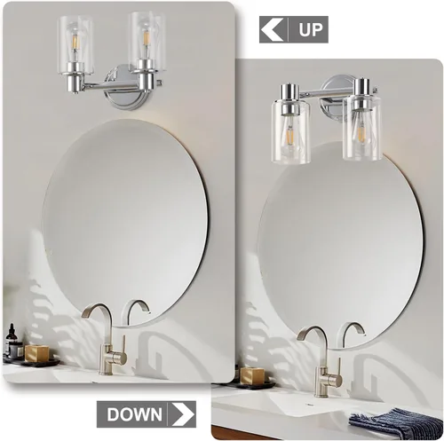 Miniatura 5 de Apliques de Pared de Baño de 2 Luces con Cristal Transparente, Luces de Pared de Baño Sobre Espejo, Luces de Tocador Cromadas con Base E26 Cromo