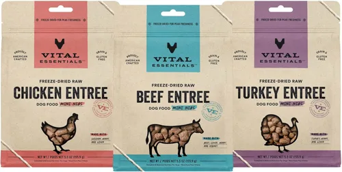 Vital Essentials Paquete variado de alimentos crudos liofilizados para perros, proteína animal completa y equilibrada, mini puntas de carne de res,