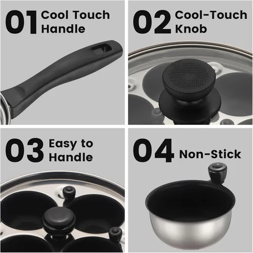 Miniatura 5 de MARSKITOP Sartén antiadherente para 4 huevos, olla para huevos escalfados de acero inoxidable, sartén escalfada sin PFOA, máquina de huevos