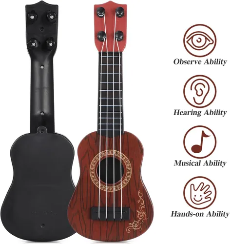 Miniatura 7 de Toddmomy Ukelele de juguete para niños de 4 cuerdas, mini instrumento de guitarra musical para niños pequeños, principiantes, aprendizaje y Marrón