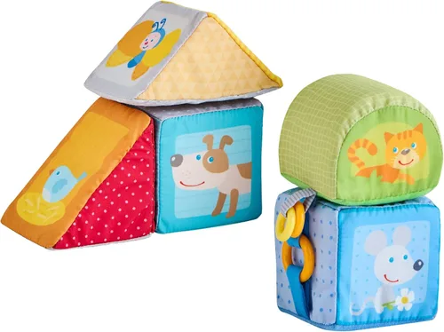 HABA Bloques suaves de animales para bebés de 6 a 12 meses – 5 juguetes sensoriales para bebés de forma geométrica con sonajero, espejo, chirriante