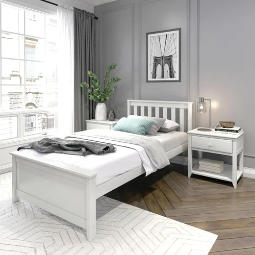 Miniatura 7 de Plank+Beam Estructura de cama individual de madera maciza, cama plataforma con cabecero, color nogal