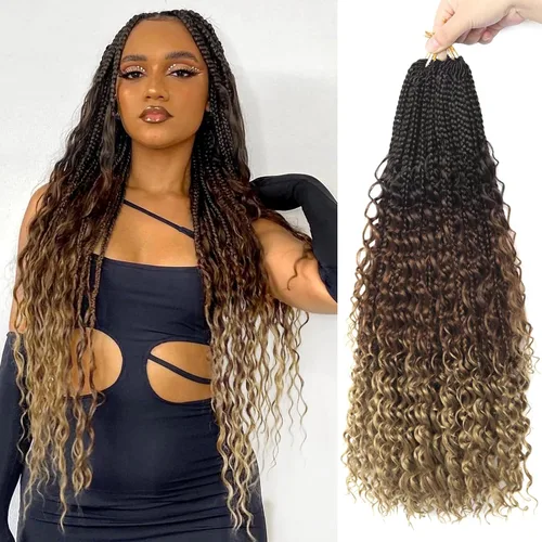 Miniatura 92 de Goddess Box Braids - Trenzas de cabello a ganchillo con extremos rizados, trenzas de caja bohemianas de 16 pulgadas, trenzas de ganchillo, 8 1B-4-30