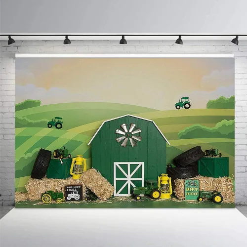 MEHOFOND Telón de fondo de fiesta de cumpleaños de tractor para niño y niña, feliz primer cumpleaños, retrato de granja verde, fotografía de fondo