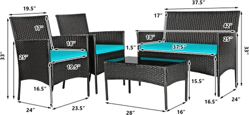 Miniatura 8 de Juego de muebles de patio de 4 piezas, juego de conversación al aire libre con respaldo ergonómico curvo, juego de sillas de patio con cojín Turquesa