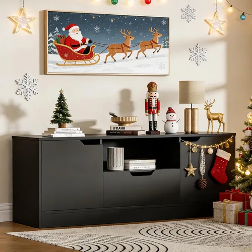 Miniatura 8 de Housoul Soporte de TV para TV de 55/60/65 pulgadas, centro de entretenimiento con 2 puertas y cajón, consola de TV multimedia con gabinete de Negro