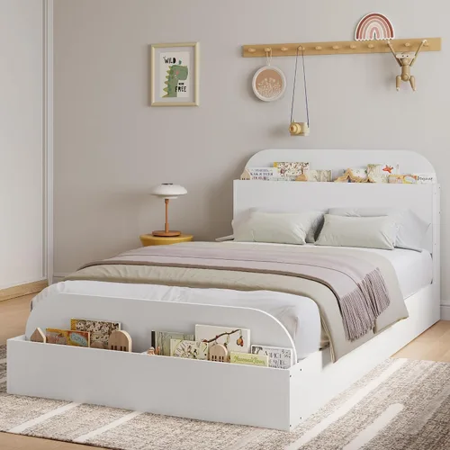 Miniatura 15 de Estructura de cama Garvee tamaño individual con cabecero y estribo – Cama de plataforma baja para niños, diseño de piso doble de madera, sin ruido